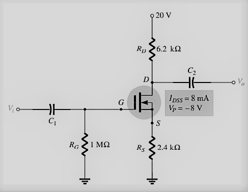 9 20 V
6.2 k2
Rp
C2
Ipss = 8 mA
Vp = -8 V
%3D
G
V; o
RG
1 ΜΩ
2.4 kn
Rs
