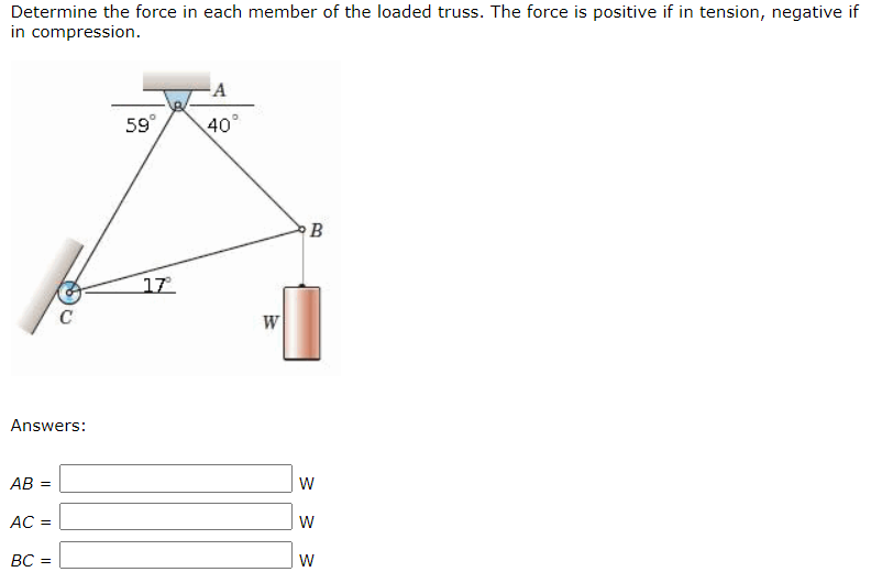 Determine the force in each member of the loaded truss. The force is positive if in tension, negative if
in compression.
A
59°
40°
B
17
Answers:
АВ -
W
AC =
BC =
