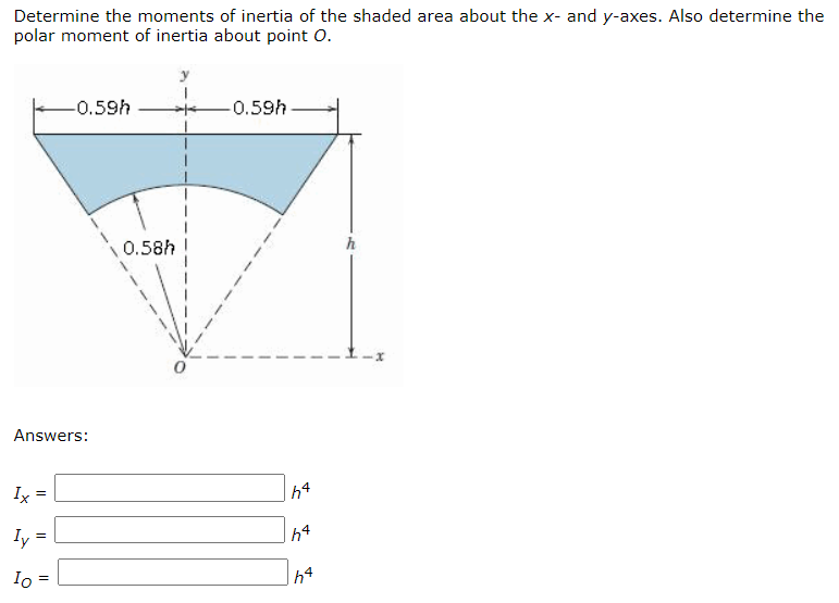 Determine the moments of inertia of the shaded area about the x- and y-axes. Also determine the
polar moment of inertia about point 0.
-0.59h
-0.59h
0.58h
Answers:
Ix
Iy
h4
Io
h4
