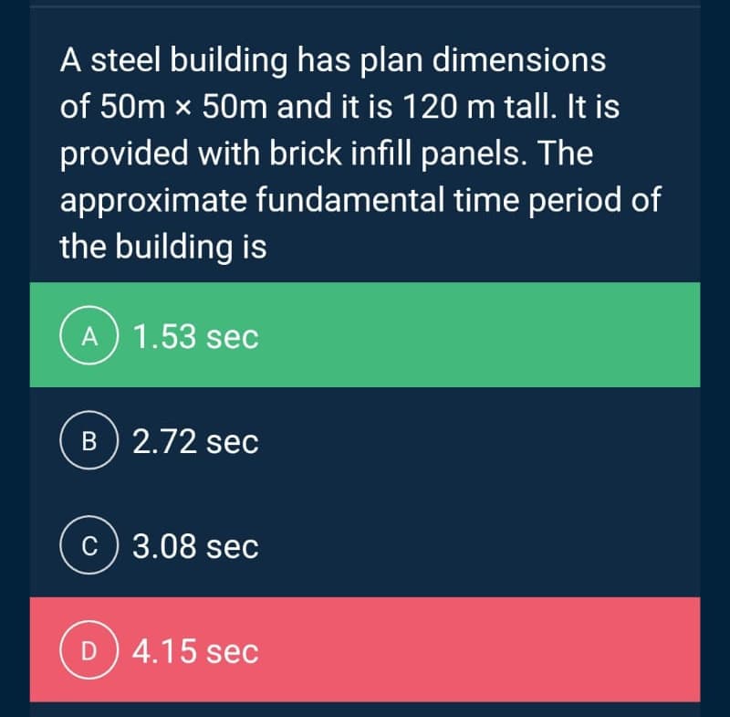 A steel building has plan dimensions
of 50m x 50m and it is 120 m tall. It is
provided with brick infill panels. The
approximate fundamental time period of
the building is
A 1.53 sec
B) 2.72 sec
c) 3.08 sec
D 4.15 sec