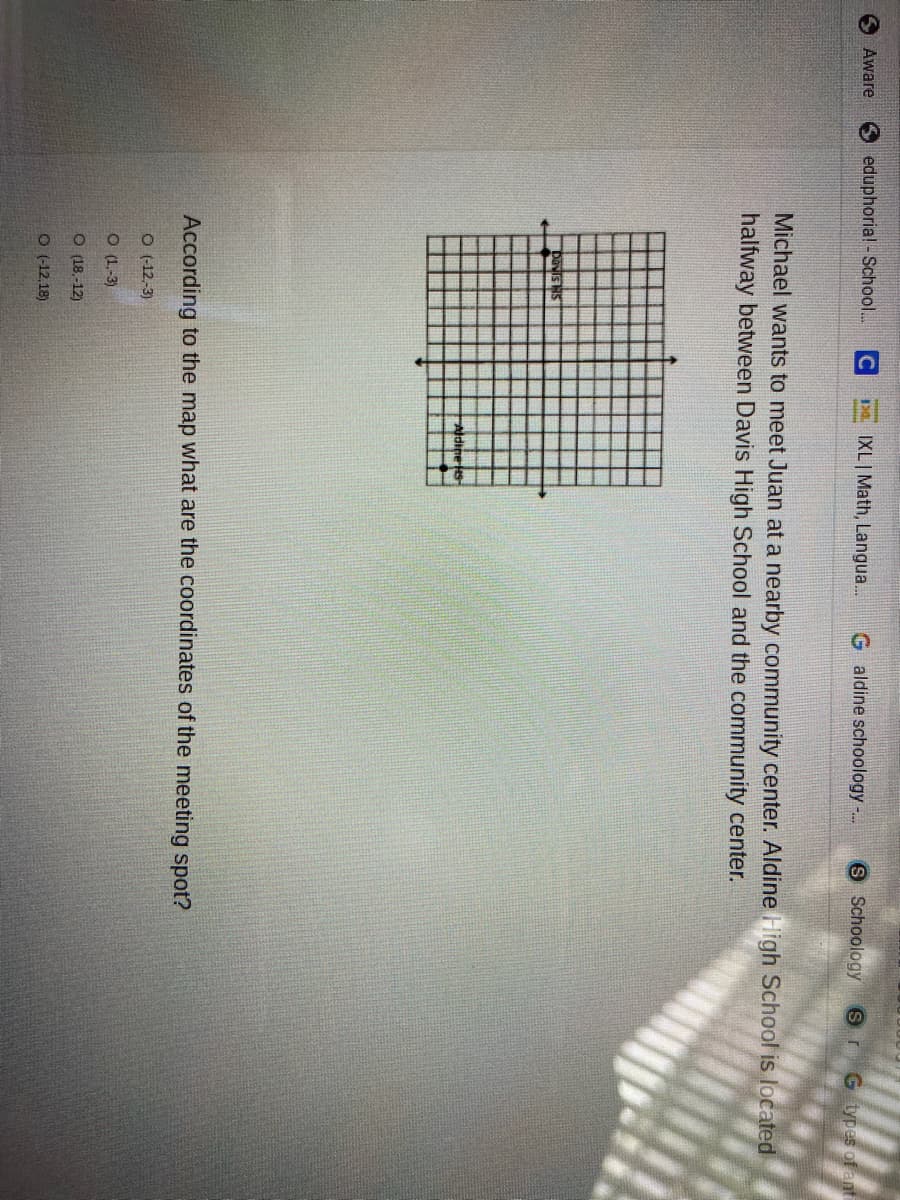 Aware
6 eduphoria! - School...
IXL| Math, Langua..
G aldine schoology -..
S Schoology
SrG types of ant
Michael wants to meet Juan at a nearby community center. Aldine High School is located
halfway between Davis High School and the community center.
DavisH
Aldine
According to the map what are the coordinates of the meeting spot?
O (-12,-3)
O (1.-3)
O 18.-12)
O (-12,18)
