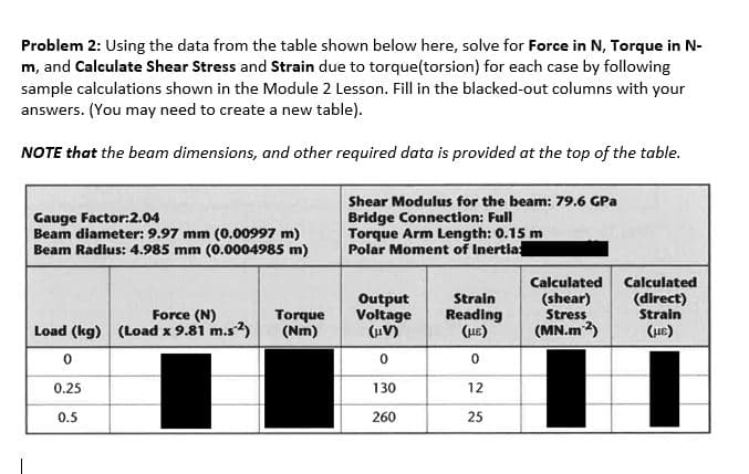 Problem 2: Using the data from the table shown below here, solve for Force in N, Torque in N-
m, and Calculate Shear Stress and Strain due to torque(torsion) for each case by following
sample calculations shown in the Module 2 Lesson. Fill in the blacked-out columns with your
answers. (You may need to create a new table).
NOTE that the beam dimensions, and other required data is provided at the top of the table.
Gauge Factor: 2.04
Beam diameter: 9.97 mm (0.00997 m)
Beam Radius: 4.985 mm (0.0004985 m)
Force (N)
Load (kg) (Load x 9.81 m.s²)
0
0.25
0.5
Torque
(Nm)
Shear Modulus for the beam: 79.6 GPa
Bridge Connection: Full
Torque Arm Length: 0.15 m
Polar Moment of Inertia:
Output
Voltage
(UV)
0
130
260
Strain
Reading
(HE)
0
12
25
Calculated
(shear)
Stress
(MN.m2)
Calculated
(direct)
Strain
(μ€)