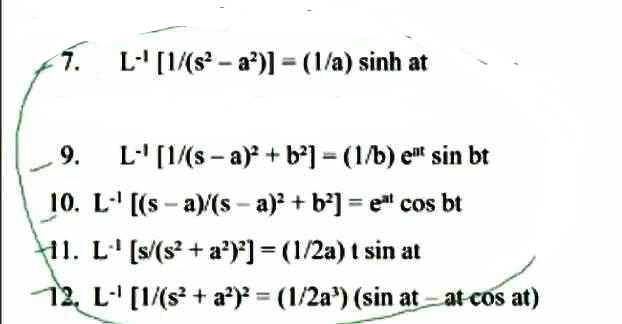 1.
L-' [1/(s - a?)] = (1/a) sinh at
9.
L' (1/(s - a)? + b] = (1/b) e" sin bt
10. L' [(s - a)/(s – a)? + b'] = e" cos bt
H1. L' [s/(s? + a²)*] = (1/2a) t sin at
12, L [1/(s + a?) = (1/2a) (sin at – at cos at)
