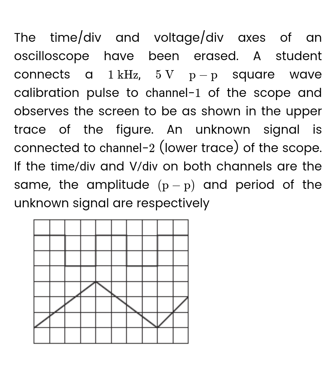 The time/div and voltage/div axes of an
oscilloscope have been erased. A student
connects a 1 kHz, 5 V P-P square wave
calibration pulse to channel-1 of the scope and
observes the screen to be as shown in the upper
trace of the figure. An unknown signal is
connected to channel-2 (lower trace) of the scope.
If the time/div and V/div on both channels are the
same, the amplitude (p - p) and period of the
unknown signal are respectively