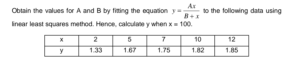 Obtain the values for A and B by fitting the equation y=
Ах
to the following data using
B + x
linear least squares method. Hence, calculate y when x = 100.
X
5
7
10
12
y
1.33
1.67
1.75
1.82
1.85
