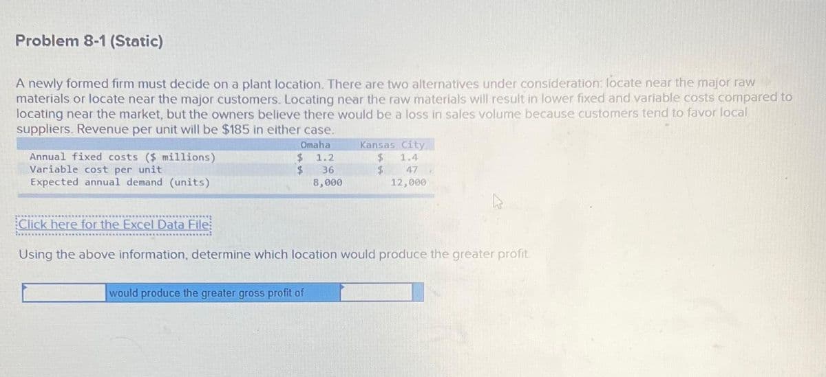 Problem 8-1 (Static)
A newly formed firm must decide on a plant location. There are two alternatives under consideration: locate near the major raw
materials or locate near the major customers. Locating near the raw materials will result in lower fixed and variable costs compared to
locating near the market, but the owners believe there would be a loss in sales volume because customers tend to favor local
suppliers. Revenue per unit will be $185 in either case.
Omaha
1.2
36
8,000
Annual fixed costs ($ millions)
Variable cost per unit
Expected annual demand (units)
Click here for the Excel Data File:
$
$
Kansas City
$
$
1.4
47
12,000
Using the above information, determine which location would produce the greater profit
would produce the greater gross profit of