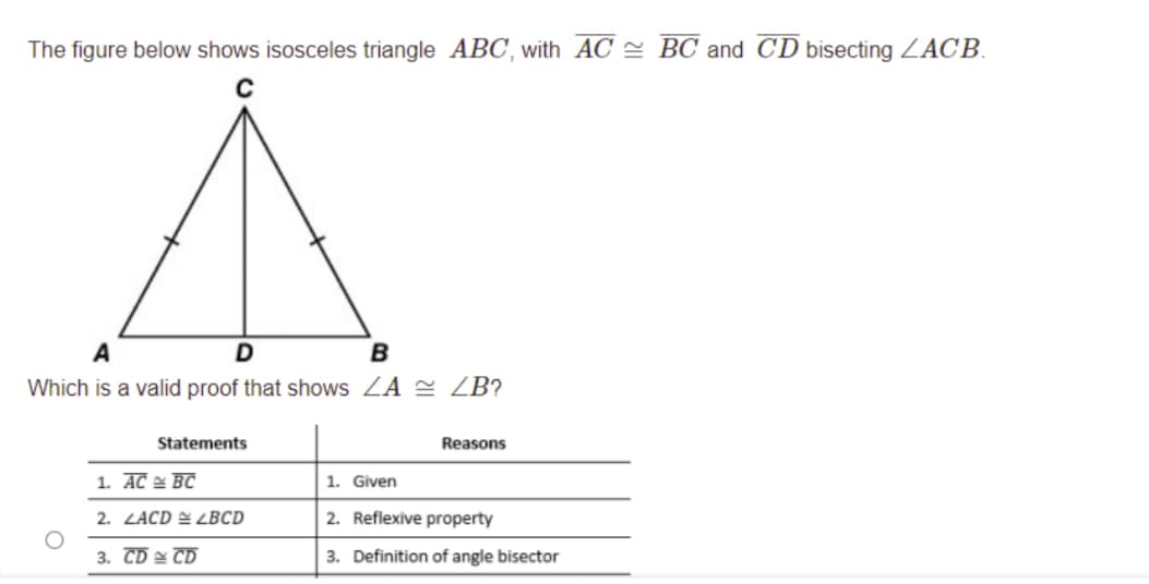 The figure below shows isosceles triangle ABC, with AC = BC and CD bisecting ZACB.
B
Which is a valid proof that shows ZA 2 ZB?
Statements
Reasons
1. AC & BC
1. Given
2. LACD E LBCD
2. Reflexive property
3. CD - CD
3. Definition of angle bisector

