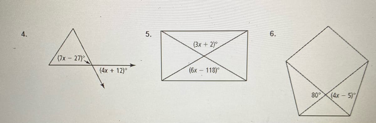 4.
5.
6.
(3х + 2)°
(7x - 27)
(4х + 12)°
(бх — 118)°
80°
(4х - 5)°
