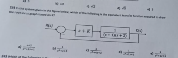 b) 10
(√2
d) √5
23) in the system given in the figure below, which of the following is the equivalent transfer function required to draw
the root locus graph based on K?
R(s)
a)
842
24) Which of the following i
b)
s+K
²+42+2
(s+1)(s+2)
1
d) ²+2843
C(s)
3³ +2344