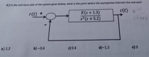 6)in the plot of the system given below, what is the point where the asymptotes intered the real a
r(t)
c(t)
a) 1.3
b)-0.4
0.4
K(+1.3)
s(s+5.2)
4-13
e)0