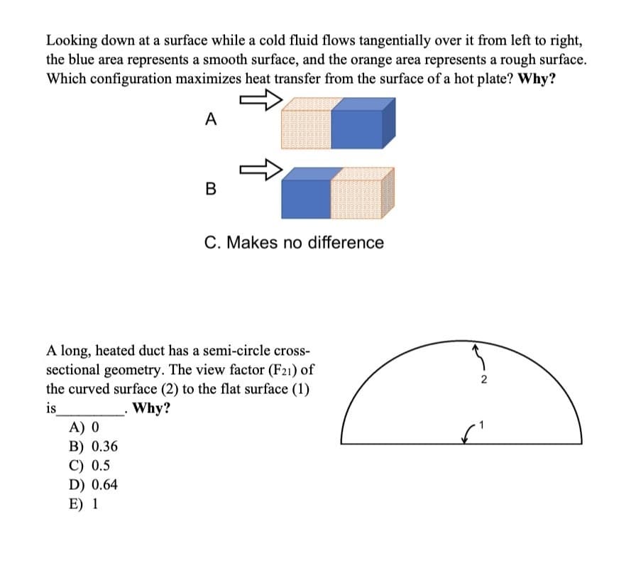 Looking down at a surface while a cold fluid flows tangentially over it from left to right,
the blue area represents a smooth surface, and the orange area represents a rough surface.
Which configuration maximizes heat transfer from the surface of a hot plate? Why?
A
В
C. Makes no difference
A long, heated duct has a semi-circle cross-
sectional geometry. The view factor (F21) of
the curved surface (2) to the flat surface (1)
2
is
A) 0
B) 0.36
C) 0.5
D) 0.64
_ Why?
E) 1
