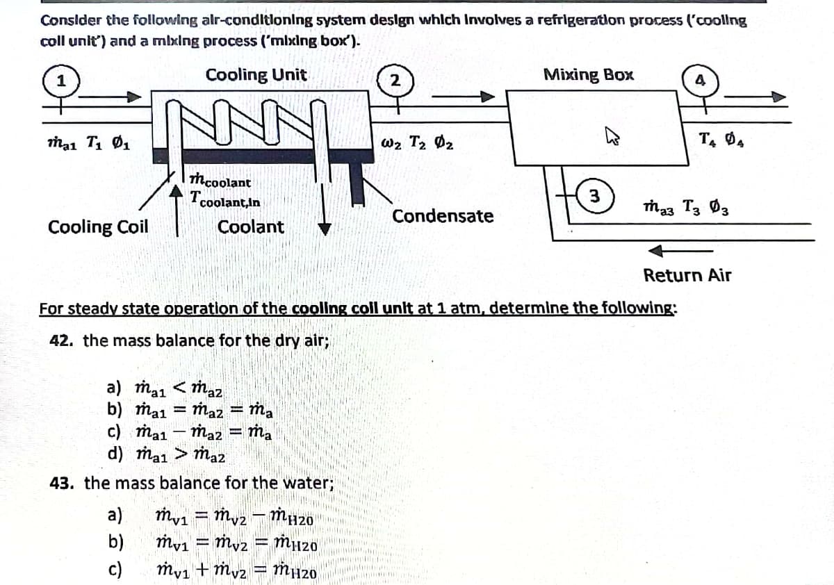 Consider the following alr-condltloning system design whlch Involves a refrigeration process ('coollng
coll unit") and a mixing process ('mlxing box').
1
Cooling Unit
Mixing Box
4
NNN
W2 T2 Ø2
Tcoolant,In
3
Condensate
Cooling Coil
Coolant
Return Air
For steady state operation of the coollng coll unlt at 1 atm, determine the following:
42. the mass balance for the dry air;
a) ma1 < maz
Maz
b) ma1
c) ma1
d) ma1 > maz
ma
Ma2 = Ma
%3D
43. the mass balance for the water;
my1 = My2-mu20
my1 = my2 = ṁu20
my1 + mv2 = mH20
a)
b)
c)
