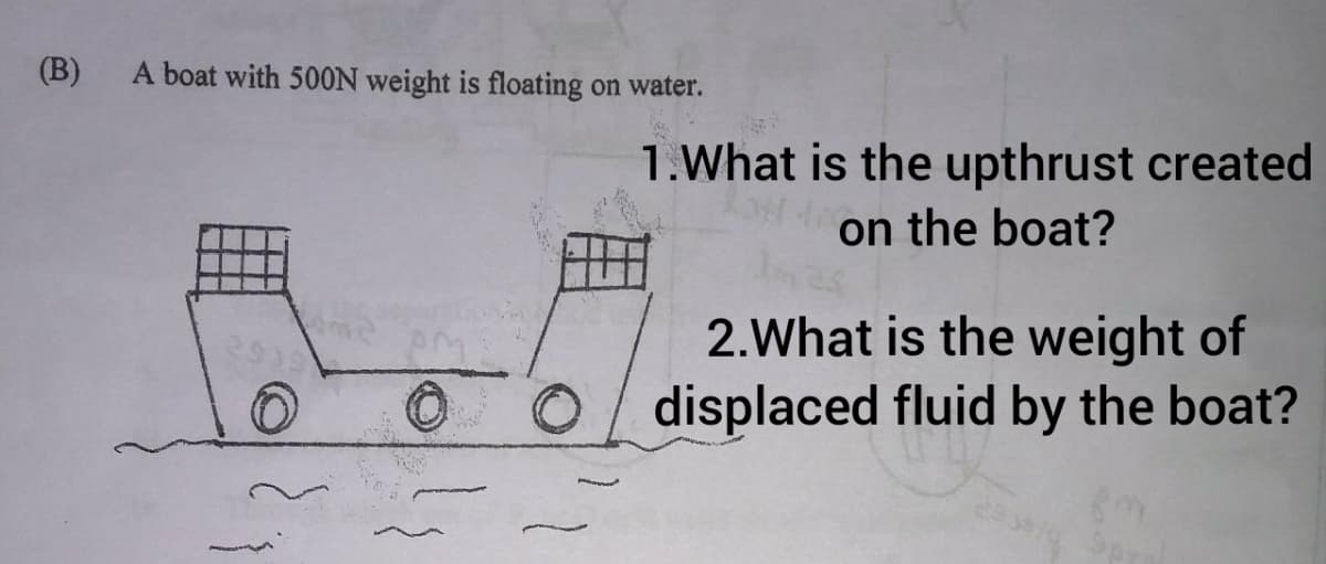 (B)
A boat with 500N weight is floating on water.
1. What is the upthrust created
on the boat?
2.What is the weight of
displaced fluid by the boat?