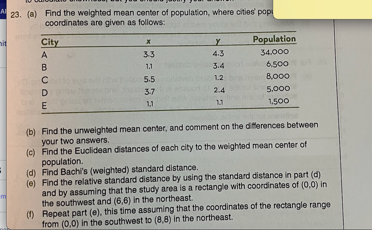 CAF 23. (a) Find the weighted mean center of population, where cities' popu
coordinates are given as follows:
hit
m
mon
City
ABCDE
40 pr Cor
Son D
X
3.3
1.1
ees ont rtw betch 5.5
613.7
1.1
1920sh
noilgiveb
esauor
Y
4.3
3.4
1.2
2.4
1.1
Population
34,000
SAU 6,500
8,000
5,000
500
1,500
(toesias
enth of Sta
(b) Find the unweighted mean center, and comment on the differences between
your two answers.
(c) Find the Euclidean distances of each city to the weighted mean center of
population.
(d) Find Bachi's (weighted) standard distance.
(e) Find the relative standard distance by using the standard distance in part (d)
and by assuming that the study area is a rectangle with coordinates of (0,0) in
the southwest and (6,6) in the northeast.
(f)
Repeat part (e), this time assuming that the coordinates of the rectangle range
from (0,0) in the southwest to (8,8) in the northeast.