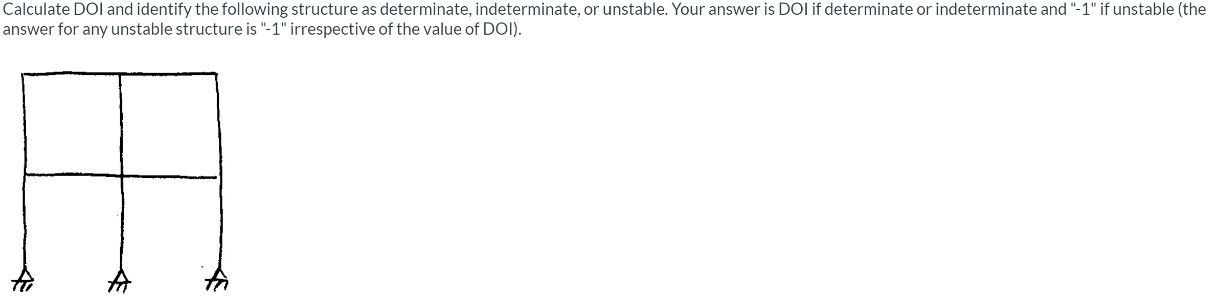 Calculate DOl and identify the following structure as determinate, indeterminate, or unstable. Your answer is DOl if determinate or indeterminate and "-1" if unstable (the
answer for any unstable structure is "-1" irrespective of the value of DOI).
