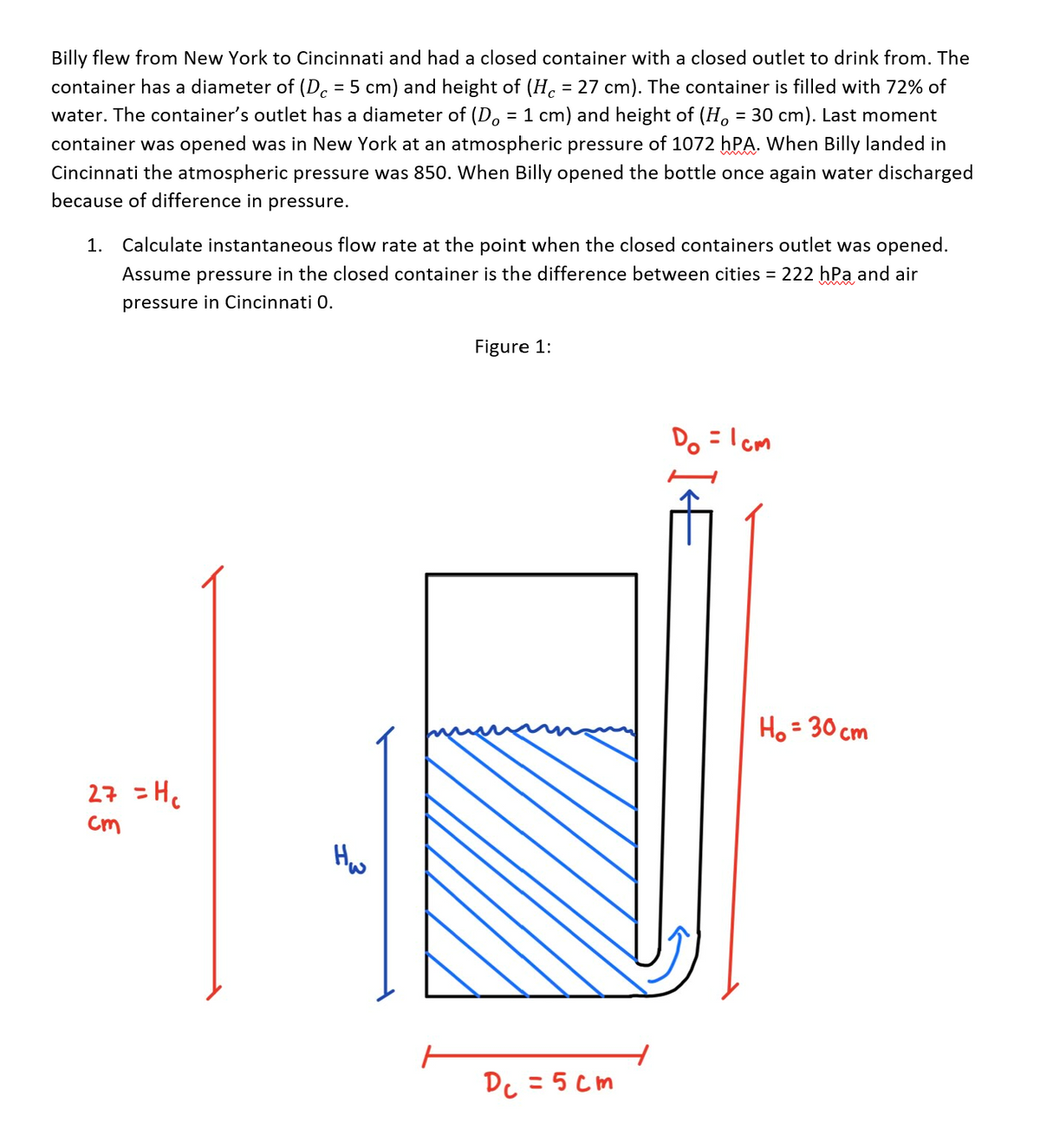 Billy flew from New York to Cincinnati and had a closed container with a closed outlet to drink from. The
container has a diameter of (D. = 5 cm) and height of (H. = 27 cm). The container is filled with 72% of
water. The container's outlet has a diameter of (D.
= 1 cm) and height of (H, = 30 cm). Last moment
container was opened was in New York at an atmospheric pressure of 1072 hPA. When Billy landed in
Cincinnati the atmospheric pressure was 850. When Billy opened the bottle once again water discharged
because of difference in pressure.
1. Calculate instantaneous flow rate at the point when the closed containers outlet was opened.
Assume pressure in the closed container is the difference between cities = 222 hPa and air
pressure in Cincinnati 0.
Figure 1:
Do = Icm
Ho = 30 cm
%3D
27 = H.
Cm
Hw
Dc =5 Cm
