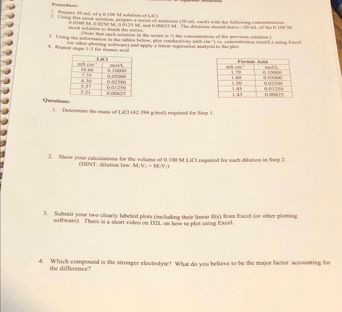 Solutions
Procedure:
1. Prepare 50 mL of a 0.100 M solution of LiCl.
2. Using this stock solution, prepare a series of solutions (20 mL each) with the following concentrations:
0.0500 M, 0.0250 M, 0.0125 M, and0.00625 M. The dilutions should leave ~30 mL of the 0.100 M
stock solution to finish the series.
(Note that each solution in the series is ½ the concentration of the previous solution.)
3. Using the information in the tables below, plot conductivity (mS cm') vs. concentration (mol/L) using Excel
(or other plotting software) and apply a linear regression analysis to the plot.
4. Repeat steps 1-3 for formic acid.
LICI
Formic Acid
ms cm
10.66
mol/L
0.10000
ms cm
1.79
1.60
mol/L
0.10000
7.75
0.05000
0.05000
6.30
0.02500
1.50
0.02500
5.57
0.01250
1.45
0.01250
5.21
0.00625
1.43
0.00625
Questions:
1. Determine the mass of LİCI (42.394 g/mol) required for Step l.
2. Show your calculations for the volume of 0.100 M LİCI required for each dilution in Step 2.
(HINT: dilution law: M¡Vi = M¿V2)
3. Submit your two clearly labeled plots (including their linear fits) from Excel (or other plotting
software). There is a short video on D2L on how to plot using Excel.
4. Which compound is the stronger electrolyte? What do you believe to be the major factor accounting for
the difference?
