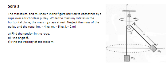 Soru 3
The masses m1 and m; shown in the figure are tied to eachother by a
rope over a frictionless pulley. While the mass m; rotates in the
horizontal plane, the mass m; stays at rest. Neglect the mass of the
pulley and the rope. (m, = 4 kg, m; = 5 kg, L= 2 m)
a) Find the tension in the rope.
b) Find angle 6.
c) Find the velocity of the mass m.
