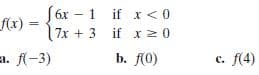 S6r – 1 if x < 0
if x< 0
f(x) =
%3D
|7x + 3
if x2 0
a. f(-3)
b. f(0)
f(4)
с.
