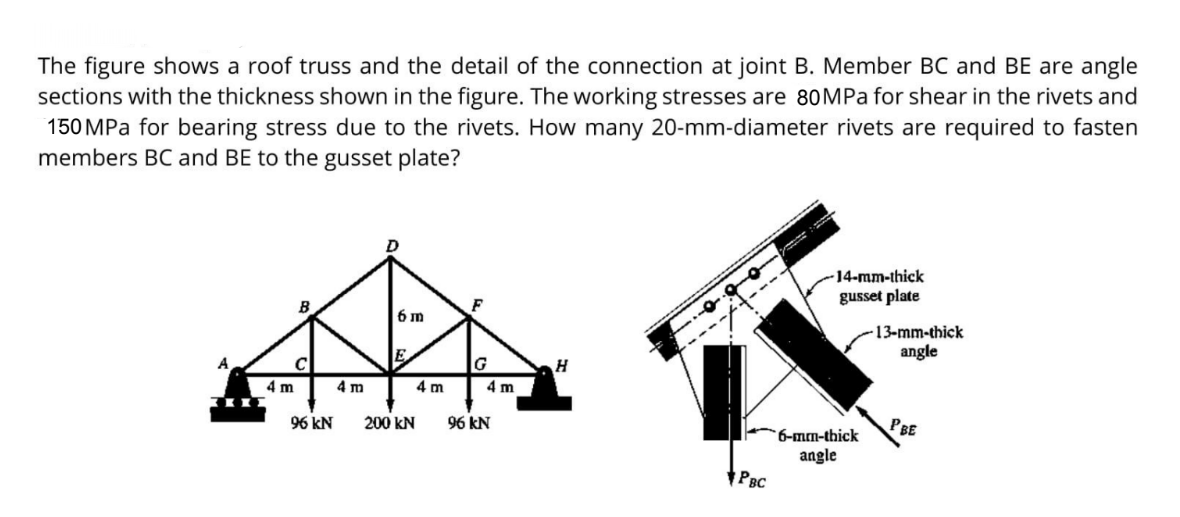 The figure shows a roof truss and the detail of the connection at joint B. Member BC and BE are angle
sections with the thickness shown in the figure. The working stresses are 80MPa for shear in the rivets and
150 MPa for bearing stress due to the rivets. How many 20-mm-diameter rivets are required to fasten
members BC and BE to the gusset plate?
-14-mm-thick
gusset plate
6 m
-13-mm-thick
angle
G
H
4 m
4 m
4 m
4 m
96 kN
200 kN
96 kN
PBE
6-mm-thick
angle
PBC
