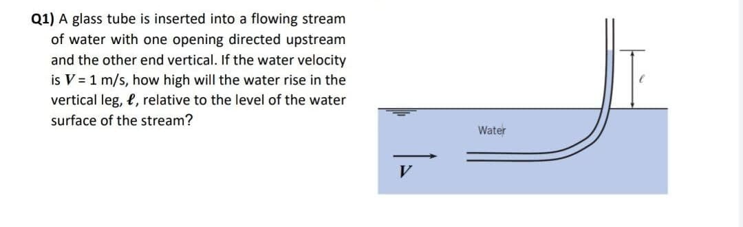 Q1) A glass tube is inserted into a flowing stream
of water with one opening directed upstream
and the other end vertical. If the water velocity
is V = 1 m/s, how high will the water rise in the
vertical leg, l, relative to the level of the water
surface of the stream?
V
Water