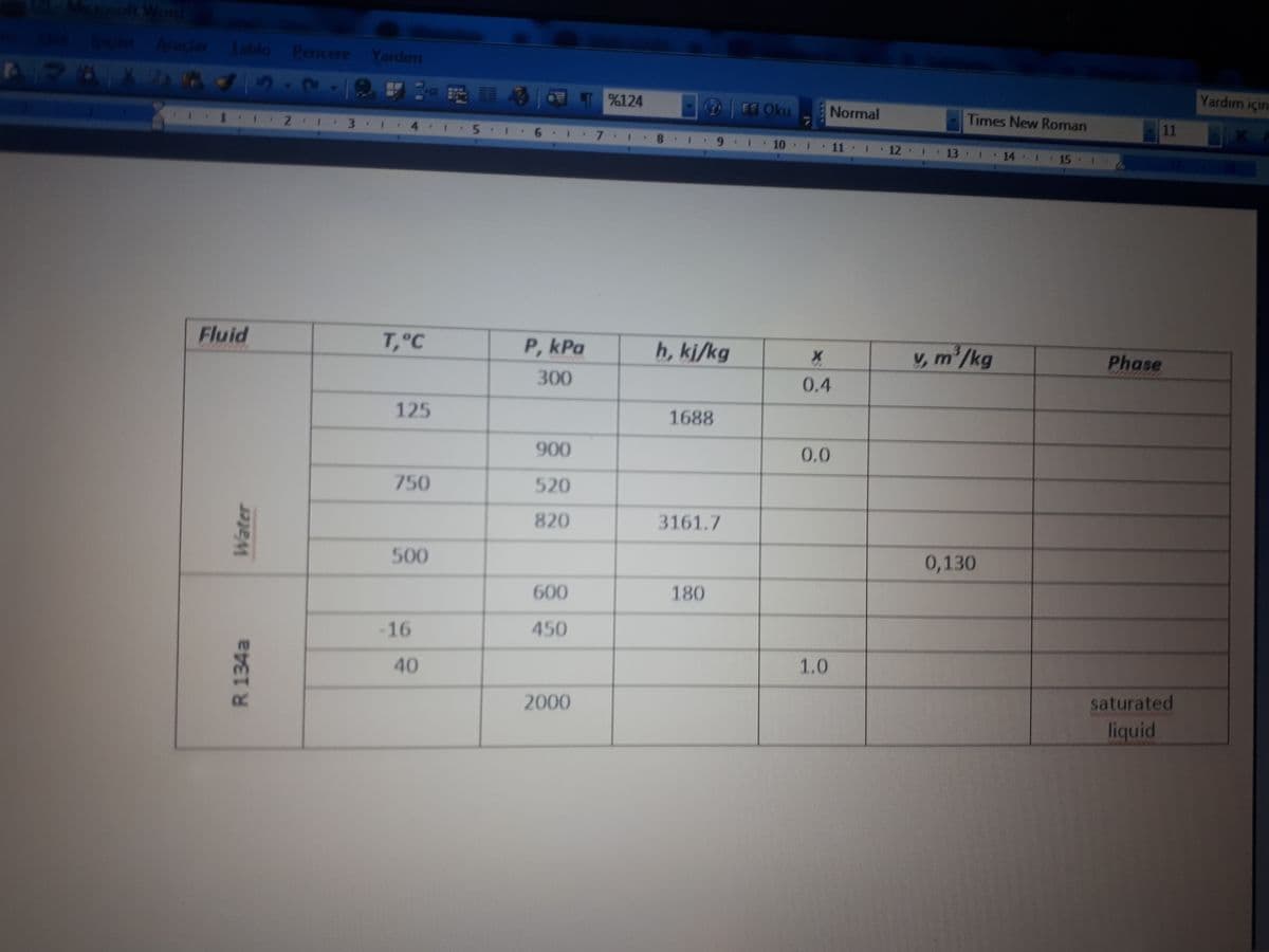 m
Araclar Tablo Pencere Yardım
リ2昭局|a24
FE Oku
Yardım için
Normal
Times New Roman
2 1 3 I 4 I 5 1 6 1 7 8 I 9 I 10 11 12 13 1 14 1 15 1 :
11
1.
Fluid
T,°C
P, kPa
h, kj/kg
y, m /kg
Phase
300
0.4
125
1688
900
0.0
750
520
820
3161.7
500
0,130
600
180
-16
450
1.0
40
saturated
2000
liquid
R 134a
Water
