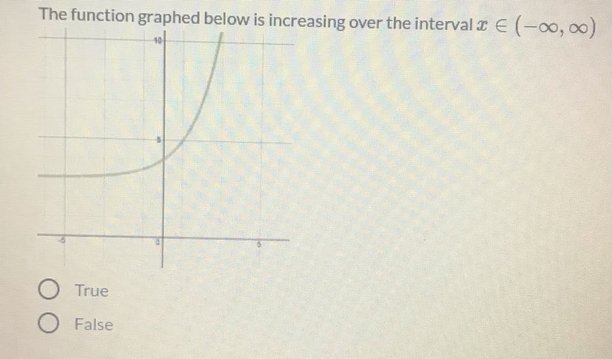 The function graphed below is increasing over the interval r E (-00, 00)
10
O True
O False
