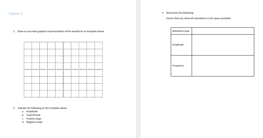 Station 3
1. Draw an accurate graphical representation of the waveform on template below.
2. Indicate the following on the template above.
a. Amplitude
b. Cycle/Period
c. Positive slope
d. Negative slope
+++
3. Determine the following:
Ensure that you show all calculations in the space provided.
Waveform type
Amplitude
Frequency