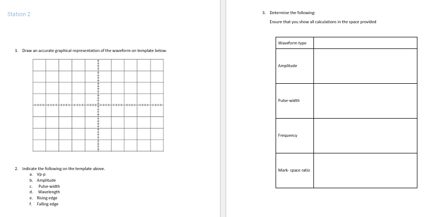 Station 2
1. Draw an accurate graphical representation of the waveform on template below.
2. Indicate the following on the template above.
a. Vp-p
b. Amplitude
C. Pulse-width
d. Wavelength
e. Rising edge
f. Falling edge
3. Determine the following:
Ensure that you show all calculations in the space provided
Waveform type
Amplitude
Pulse-width
Frequency
Mark-space ratio