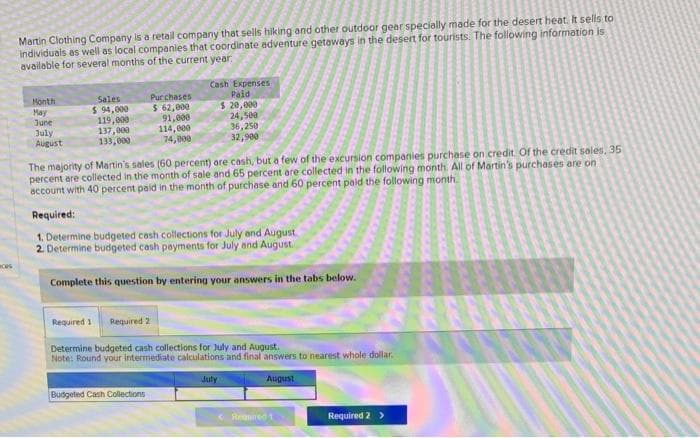 ces
Martin Clothing Company is a retail company that sells hiking and other outdoor gear specially made for the desert heat. It sells to
Individuals as well as local companies that coordinate adventure getaways in the desert for tourists. The following information is
available for several months of the current year
Month
May
June
July
August
Sales
$ 94,000
119,000
137,000
133,000
Purchases
$ 62,000
91,000
114,000
74,000
Cash Expenses
Paid
$ 20,000
Budgeted Cash Collections
The majority of Martin's sales (60 percent) are cash, but a few of the excursion companies purchase on credit. Of the credit sales, 35
percent are collected in the month of sale and 65 percent are collected in the following month. All of Martin's purchases are on
account with 40 percent paid in the month of purchase and 60 percent pald the following month.
Required:
1. Determine budgeted cash collections for July and August
2. Determine budgeted cash payments for July and August
Complete this question by entering your answers in the tabs below.
24,500
36,250
32,900
Required 1
Required 2
Determine budgeted cash collections for July and August.
Note: Round your intermediate calculations and final answers to nearest whole dollar.
August
July
< Required 1
Required 2 >