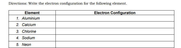 Directions: Write the electron configuration for the following element.
Element
Electron Configuration
1. Aluminium
2. Calcium
3. Chlorine
4. Sodium
5. Neon