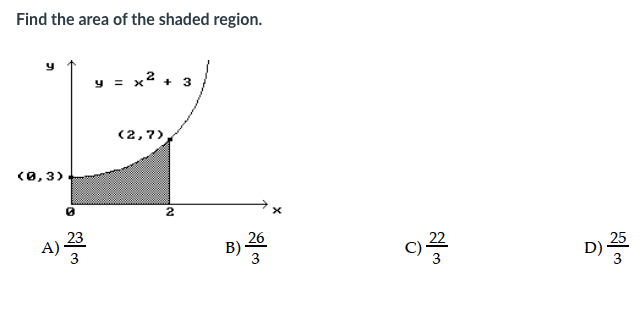 Find the area of the shaded region.
y = x2 + 3
(2,7)
(0,3)
2
23
A)
26
В)
3
25
D)
3
3
