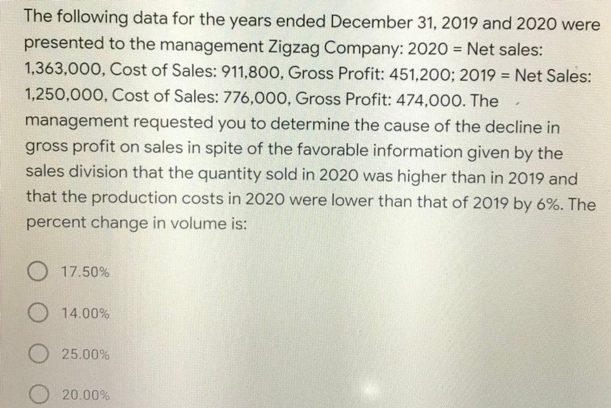 The following data for the years ended December 31, 2019 and 2020 were
presented to the management Zigzag Company: 2020 = Net sales:
%3D
1,363,000, Cost of Sales: 911,800, Gross Profit: 451,200; 2019 = Net Sales:
%3D
1,250,000, Cost of Sales: 776,000, Gross Profit: 474,000. The
management requested you to determine the cause of the decline in
gross profit on sales in spite of the favorable information given by the
sales division that the quantity sold in 2020 was higher than in 2019 and
that the production costs in 2020 were lower than that of 2019 by 6%. The
percent change in volume is:
17.50%
14.00%
25.00%
) 20.00%
