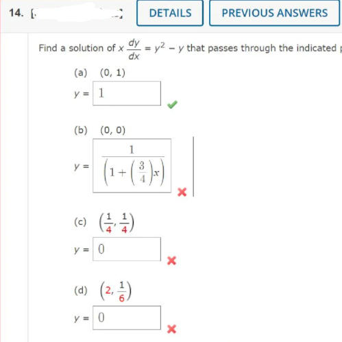 14. [
DETAILS
PREVIOUS ANSWERS
dy
y2 - y that passes through the indicated p
dx
Find a solution of x
%3D
(a) (0, 1)
y = 1
(b) (0, 0)
1
(1-(:)
y =
(c)
y = 0
(2층)
(d)
y = 0
