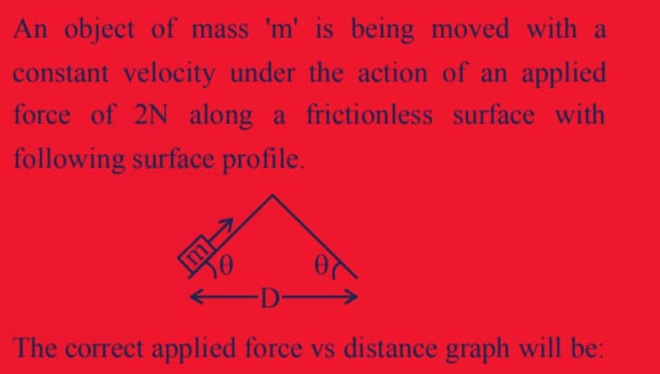 An object of mass 'm' is being moved with a
constant velocity under the action of an applied
force of 2N along a frictionless surface with
following surface profile.
m
—D—>
The correct applied force vs distance graph will be: