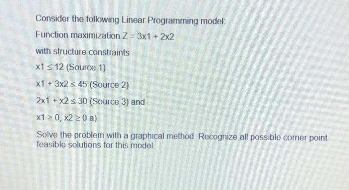 Consider the following Linear Programming model:
Function maximization Z = 3x1 + 2x2
with structure constraints
x1s 12 (Source 1)
x1 + 3x2 < 45 (Source 2)
2x1 + x2 s 30 (Source 3) and
x1 > 0, x2 > 0 a)
Solve the problem with a graphical method. Recognize all possible corner point
feasible solutions for this model.
