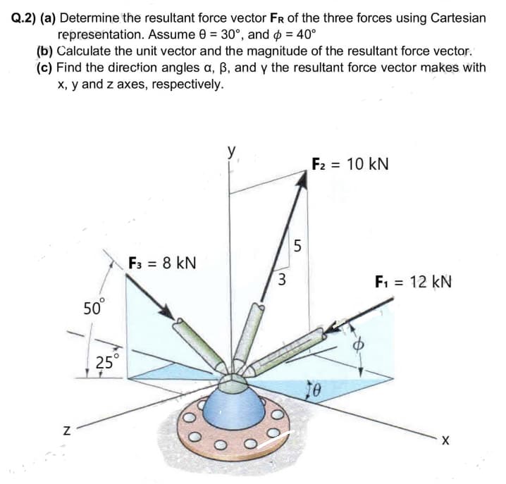 Q.2) (a) Determine the resultant force vector FR of the three forces using Cartesian
representation. Assume 0 = 30°, and p = 40°
(b) Calculate the unit vector and the magnitude of the resultant force vector.
(c) Find the direction angles a, ß, and y the resultant force vector makes with
x, y and z axes, respectively.
50
1
Z
25°
F3 = 8 KN
y
3
5
F₂ = 10 kN
F₁ = 12 kN
X