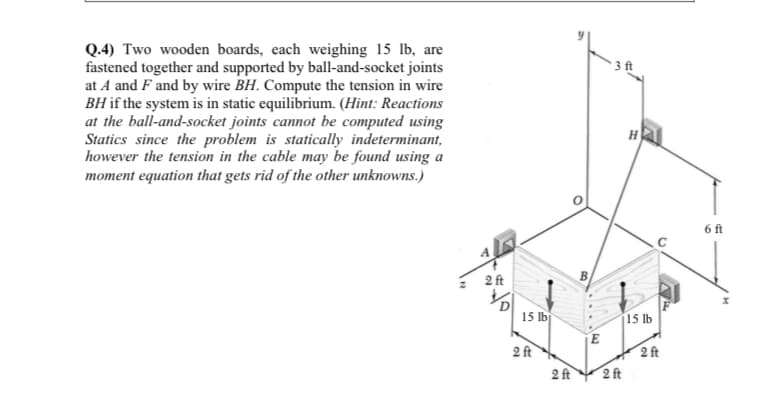 Q.4) Two wooden boards, each weighing 15 lb, are
fastened together and supported by ball-and-socket joints
at A and F and by wire BH. Compute the tension in wire
BH if the system is in static equilibrium. (Hint: Reactions
at the ball-and-socket joints cannot be computed using
Statics since the problem is statically indeterminant,
however the tension in the cable may be found using a
moment equation that gets rid of the other unknowns.)
2 ft
15 lb
2 ft
2 ft
B
3 ft
-
2 ft
H
15 lb
2 ft
6 ft