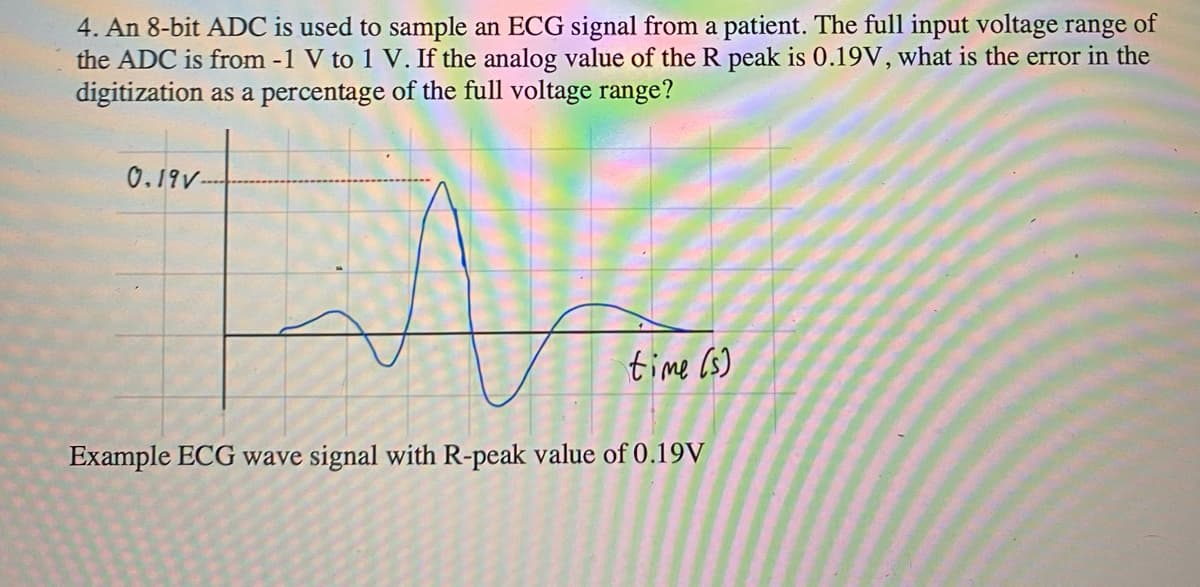 4. An 8-bit ADC is used to sample an ECG signal from a patient. The full input voltage range of
the ADC is from -1 V to 1 V. If the analog value of the R peak is 0.19V, what is the error in the
digitization as a percentage of the full voltage range?
0.19V-
time (s)
Example ECG wave signal with R-peak value of 0.19V