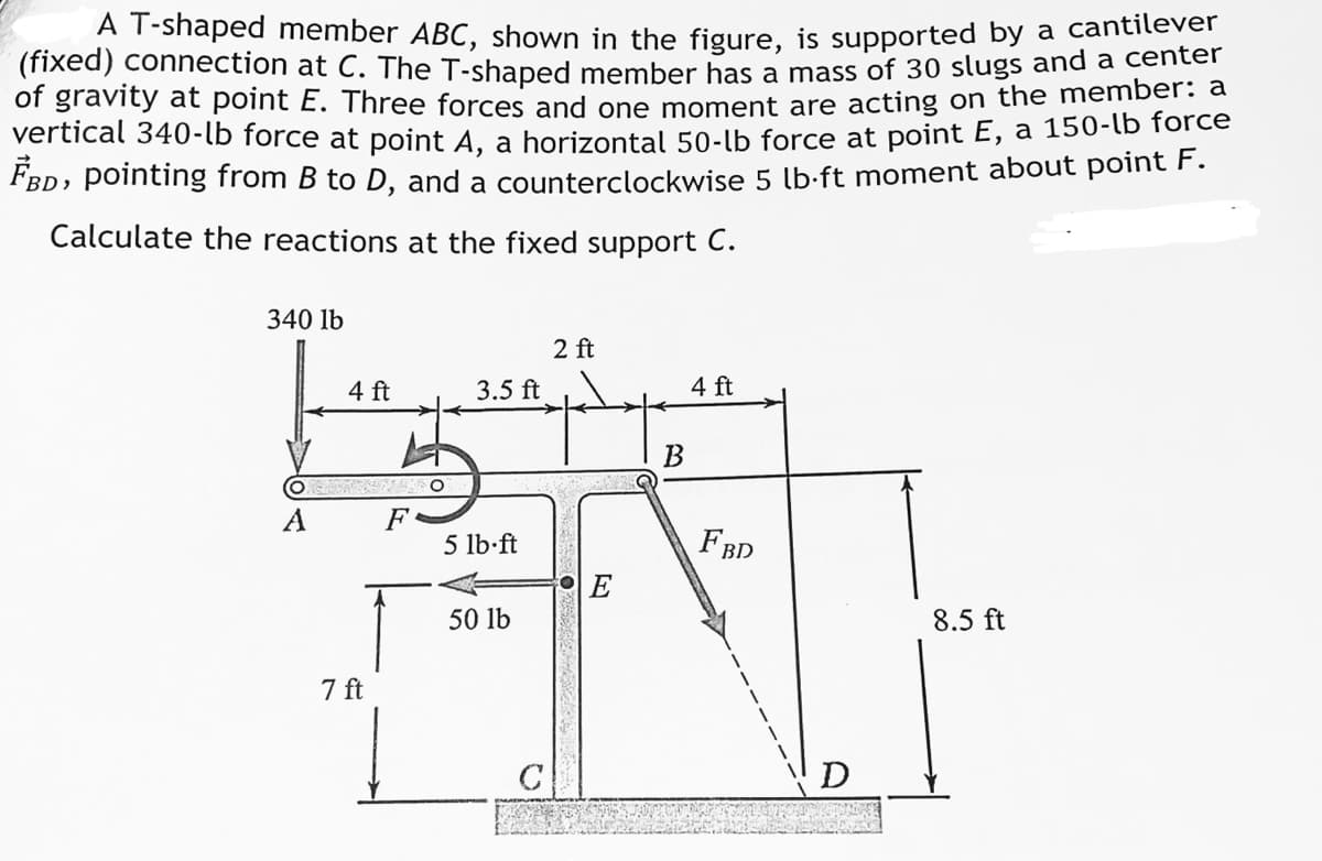 A T-shaped member ABC, shown in the figure, is supported by a cantilever
(fixed) connection at C. The T-shaped member has a mass of 30 slugs and a center
of gravity at point E. Three forces and one moment are acting on the member: a
vertical 340-lb force at point A, a horizontal 50-lb force at point E, a 150-lb force
FBD, pointing from B to D, and a counterclockwise 5 lb-ft moment about point F.
Calculate the reactions at the fixed support C.
340 lb
4 ft
ORNADO
F
A
7 ft
3.5 ft
5 lb-ft
50 lb
2 ft
B
4 ft
FBD
D
8.5 ft