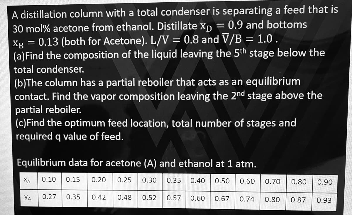 A distillation column with a total condenser is separating a feed that is
30 mol% acetone from ethanol. Distillate Xp = 0.9 and bottoms
XB = 0.13 (both for Acetone). L/V = 0.8 and V/B = 1.0.
(a) Find the composition of the liquid leaving the 5th stage below the
total condenser.
(b)The column has a partial reboiler that acts as an equilibrium
contact. Find the vapor composition leaving the 2nd stage above the
partial reboiler.
(c)Find the optimum feed location, total number of stages and
required q value of feed.
Equilibrium data for acetone (A) and ethanol at 1 atm.
0.10 0.15 0.20 0.25 0.30 0.35
0.40 0.50 0.60
XA
YA
0.27 0.35 0.42 0.48 0.52 0.57
0.60 0.67 0.74
0.70 0.80
0.90
0.80 0.87 0.93