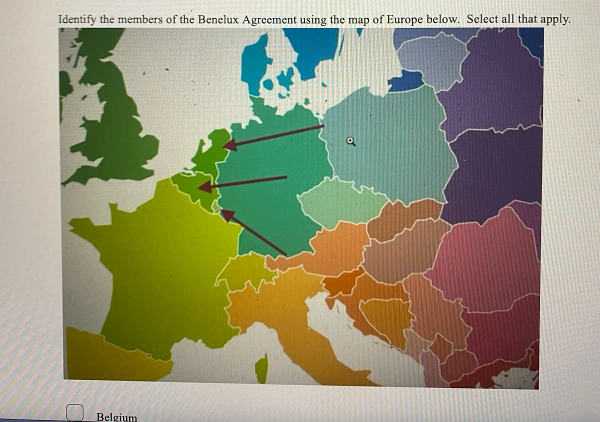 Identify the members of the Benelux Agreement using the map of Europe below. Select all that apply.
Belgium