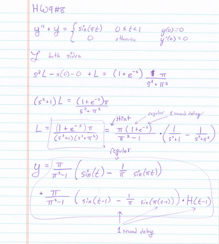 HW9 #8
y"+y={sinlTE)
%3D
o therwise
y both sides
g? L-s(0)-O + L= (1+es) $ T
%3D
+ TT?
(s*+1) L= (Ite=)T
%3D
regulor 1 second deley
sHint r
%3D
1+,5
Pequlat
(sinlt) - F
(sin(t-1)
(1-72H
+ sin (T(E-)) ) • HCE-)
1 secoad delay
