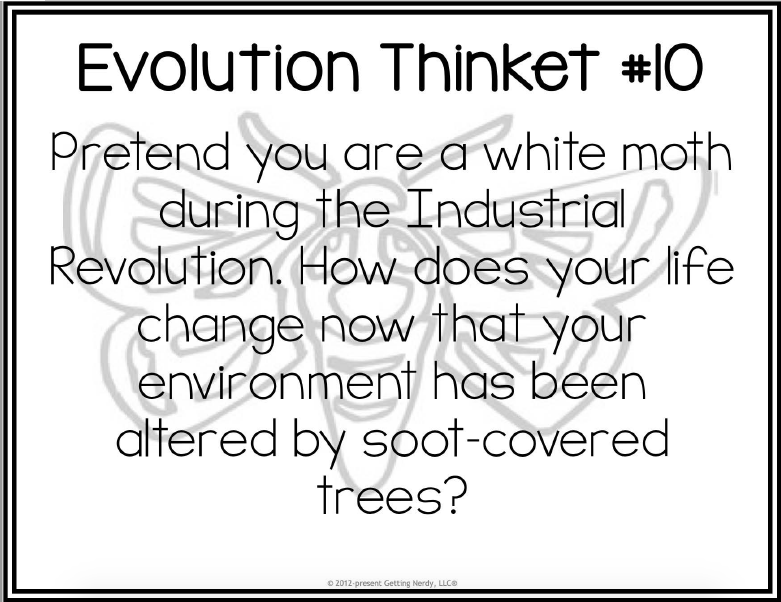 Evolution Thinket #10
Pretend you are a white moth
during the Industrial
Revolution. How does your life
change now that your
environment has been
altered by sot-covered
trees?
O 2012-present Getting Nerdy, LLCO
