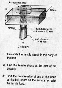 hexagonnal head
60 mm
threads
bolt diameter @
threads 32 mm
bolt diameter
- 38 mm
T=80 kN
Calculate the tensile stress in the body of
the bolt.
2 Find the tensile stress at the root of the
threads.
3 Find the compressive stress at the head
as the bolt bears on the surface to resist
the tensile load.
