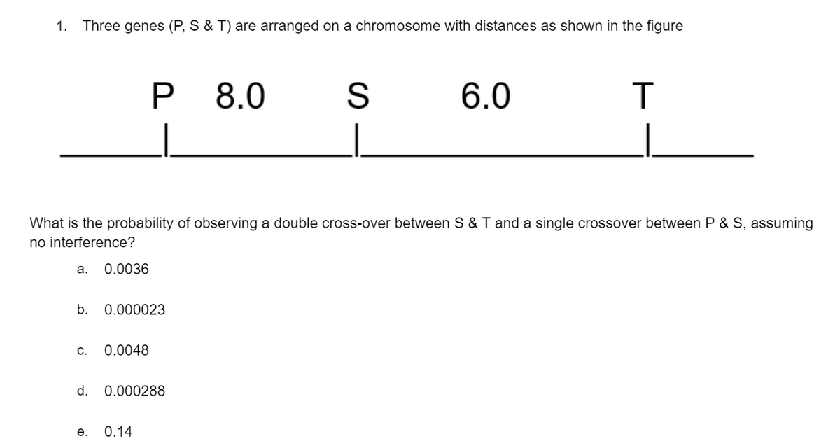 1.
Three genes (P, S & T) are arranged on a chromosome with distances as shown in the figure
8.0
6.0
What is the probability of observing a double cross-over between S & T and a single crossover between P & S, assuming
no interference?
а.
0.0036
b.
0.000023
С.
0.0048
d.
0.000288
е.
0.14
