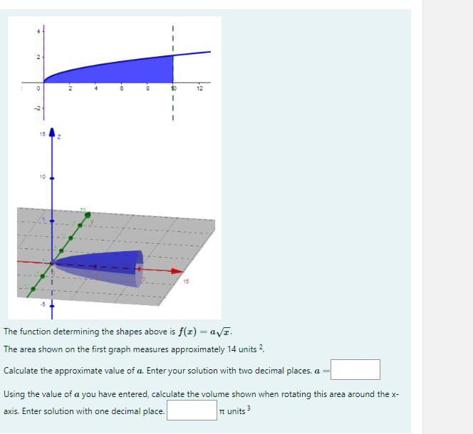 N
o
q
Lor
00
10
The function determining the shapes above is f(x) = a√z.
The area shown on the first graph measures approximately 14 units ².
Calculate the approximate value of a. Enter your solution with two decimal places. a =
Using the value of a you have entered, calculate the volume shown when rotating this area around the x-
axis. Enter solution with one decimal place.
π units 3