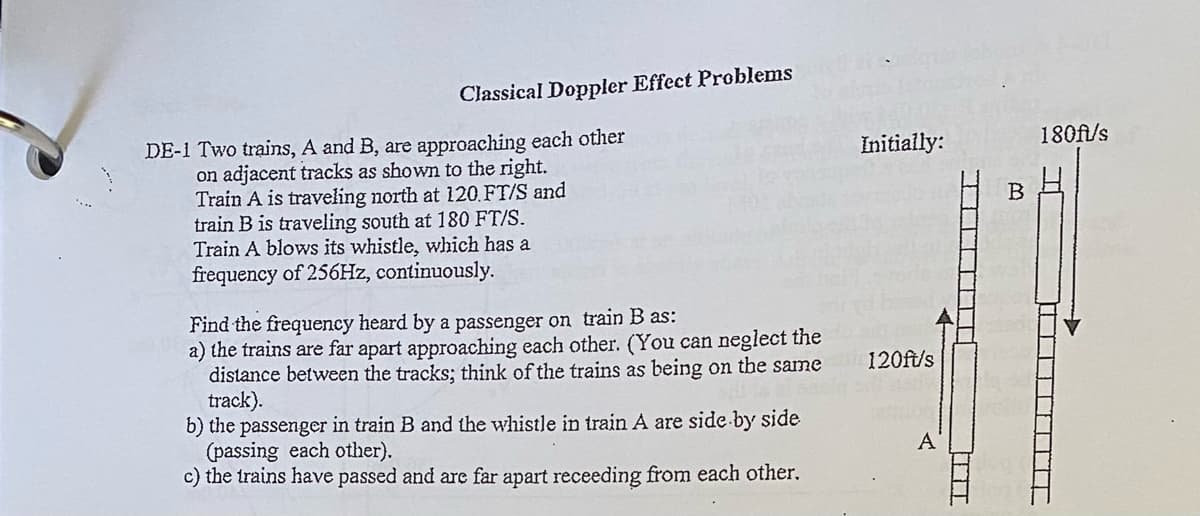 Classical Doppler Effect Problems
DE-1 Two trains, A and B, are approaching each other
on adjacent tracks as shown to the right.
Train A is traveling north at 120.FT/S and
train B is traveling south at 180 FT/S.
Train A blows its whistle, which has a
frequency of 256HZ, continuously.
Initially:
180ft/s
Find the frequency heard by a passenger on train B as:
a) the trains are far apart approaching each other. (You can neglect the
distance between the tracks; think of the trains as being on the same
track).
b) the passenger in train B and the whistle in train A are side by side
(passing each other).
c) the trains have passed and are far apart receeding from each other.
120ft/s
A
益券
工
