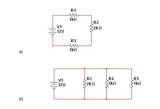 R1
1kn
R2
V1
12V
2KN
R3
1kn
a)
R2
R4
1k0
R5
1k0
V1
E 12V
2KN
b)
