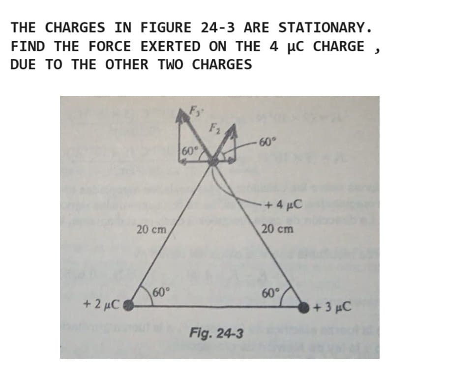 THE CHARGES IN FIGURE 24-3 ARE STATIONARY.
FIND THE FORCE EXERTED ON THE 4 µμC CHARGE
DUE TO THE OTHER TWO CHARGES
,
+2μC
20 cm
60°
60°
60°
Fig. 24-3
+ 4 μ
20 cm
60°
+3μC